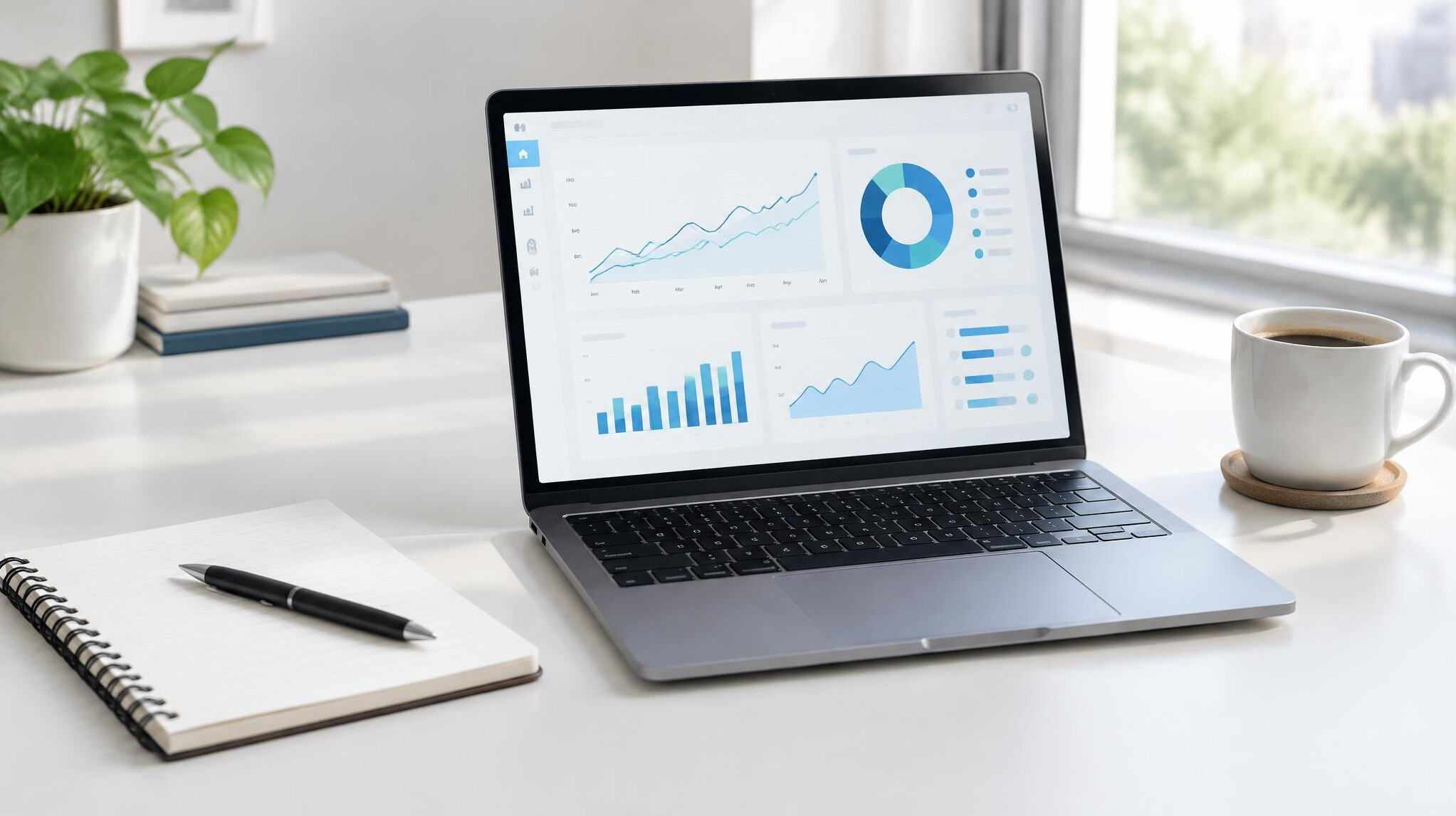 Laptop on a desk showing analytics charts